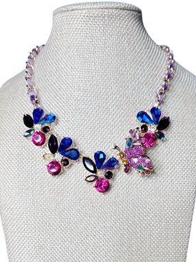Betsey Johnson Pink, Blue & Purple Crystal Floral Statement Necklace